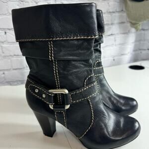 Fossil black leather slouch zipper /Harness size 5.5 High Ankle heeled boots
